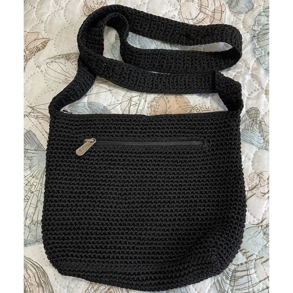 The Sak Handbags - Vintage The Sak 1990's Woven Hand Crochet‎ Shoulder Bag Black Hobo Boho Zip 9x7